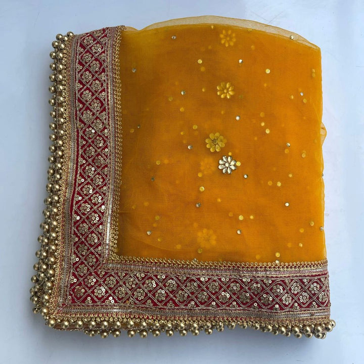 anokherang Dupattas Bridal Mustard Red Delight Stone Net Dupatta