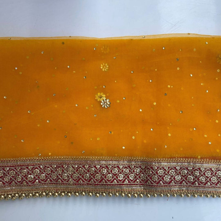 anokherang Dupattas Bridal Mustard Red Delight Stone Net Dupatta