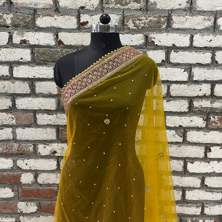 anokherang Dupattas Bridal Mustard Red Delight Stone Net Dupatta