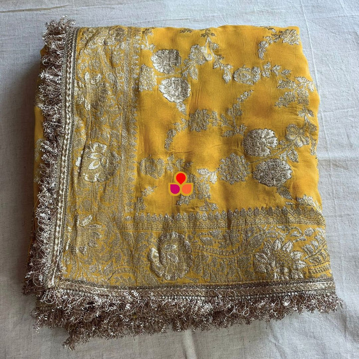 anokherang Dupattas Bridal Mustard Regal Fringed Georgette Banarsi Dupatta