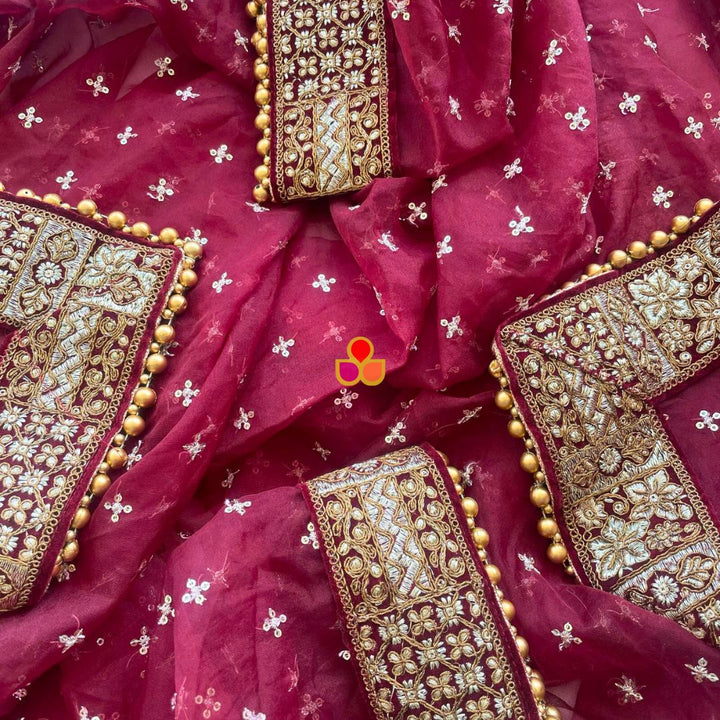 anokherang Dupattas Bridal Nazakat Maroon Sequin Embroidered Organza Dupatta