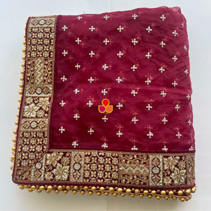 anokherang Dupattas Bridal Nazakat Maroon Sequin Embroidered Organza Dupatta