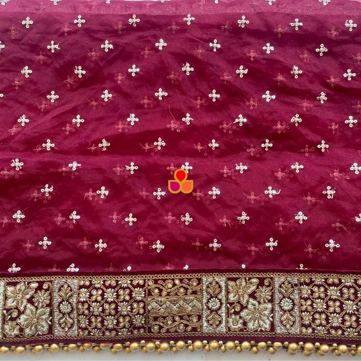 anokherang Dupattas Bridal Nazakat Maroon Sequin Embroidered Organza Dupatta