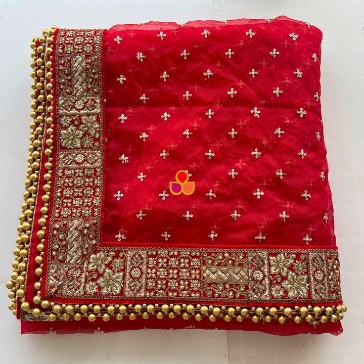 anokherang Dupattas Bridal Nazakat Red Sequin Embroidered Organza Dupatta