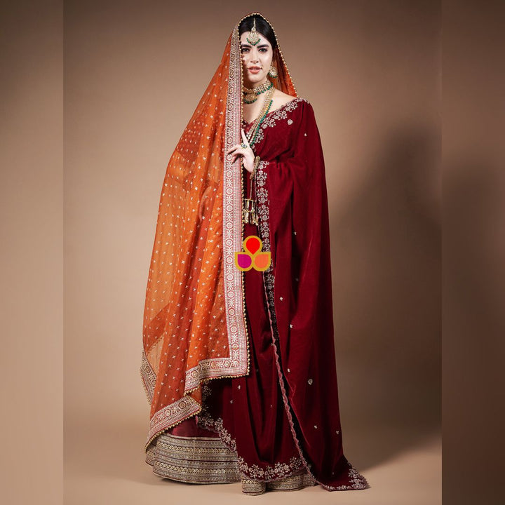 anokherang Dupattas Bridal Pakeeza Rust Organza & Bridal Afreen Maroon Hand-Embroidered Velvet Dupatta Combo