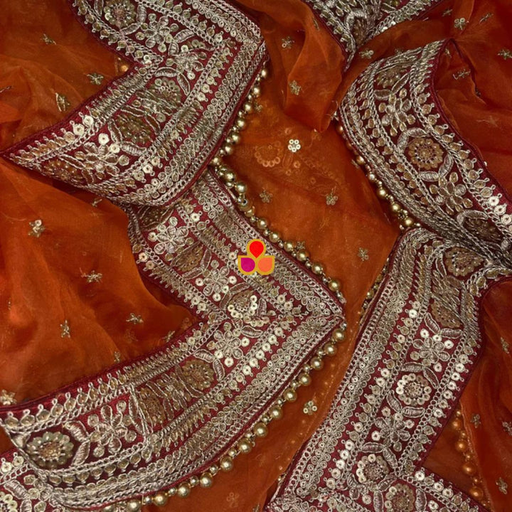 anokherang Dupattas Bridal Pakeeza Rust Organza & Bridal Afreen Maroon Hand-Embroidered Velvet Dupatta Combo