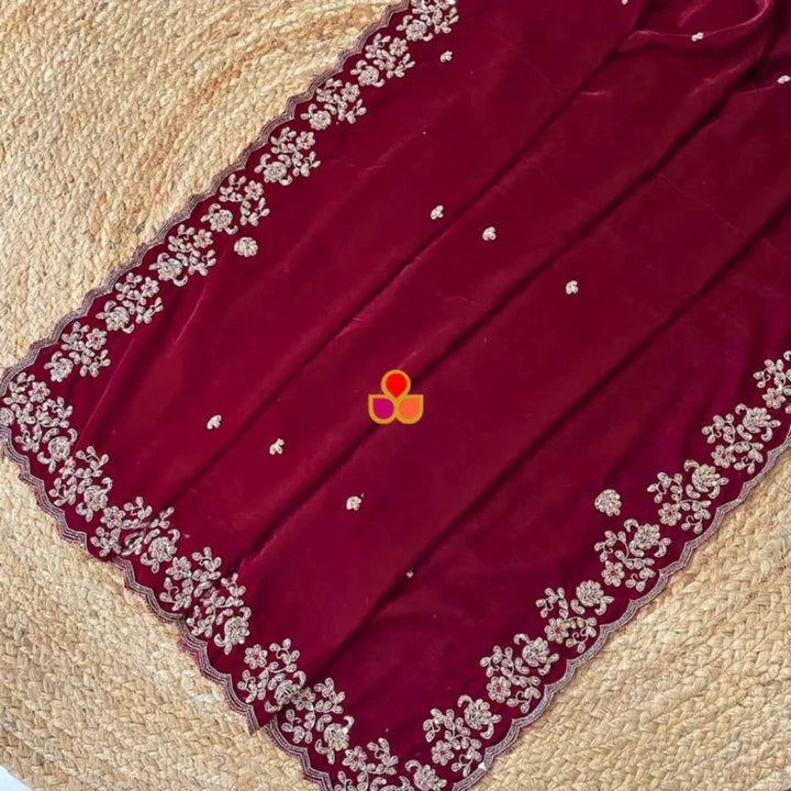 anokherang Dupattas Bridal Pakeeza Rust Organza & Bridal Afreen Maroon Hand-Embroidered Velvet Dupatta Combo