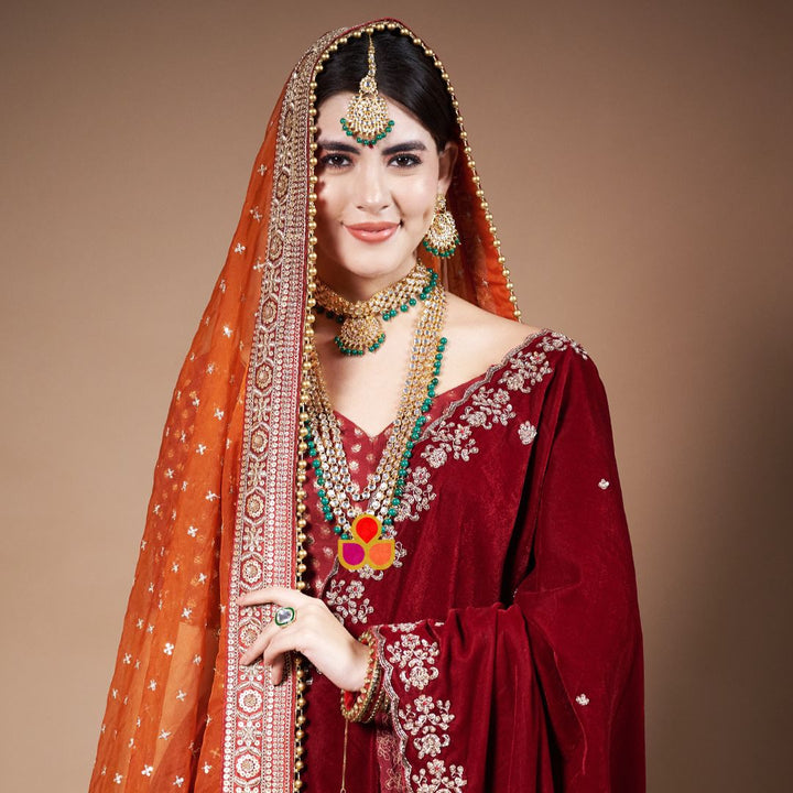 anokherang Dupattas Bridal Pakeeza Rust Organza & Bridal Afreen Maroon Hand-Embroidered Velvet Dupatta Combo