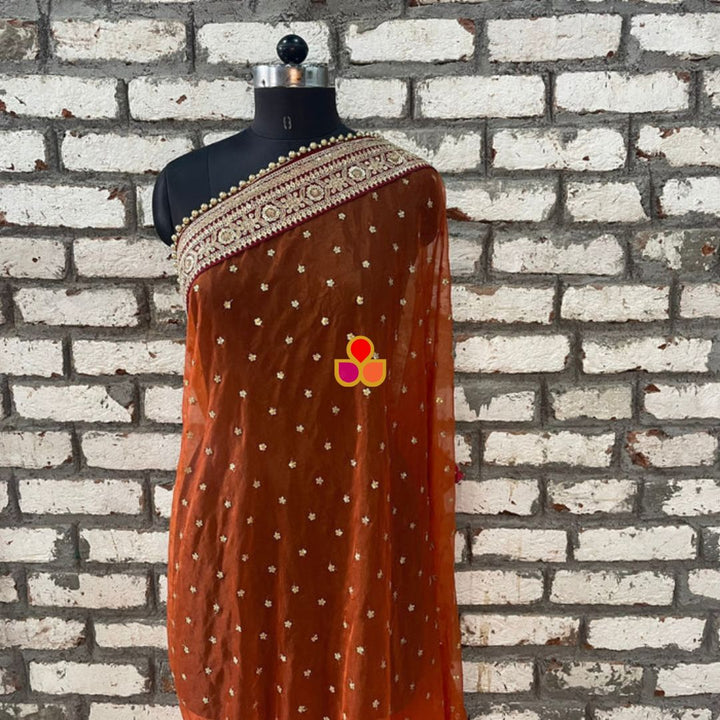 anokherang Dupattas Bridal Pakeeza Rust Organza & Bridal Afreen Maroon Hand-Embroidered Velvet Dupatta Combo