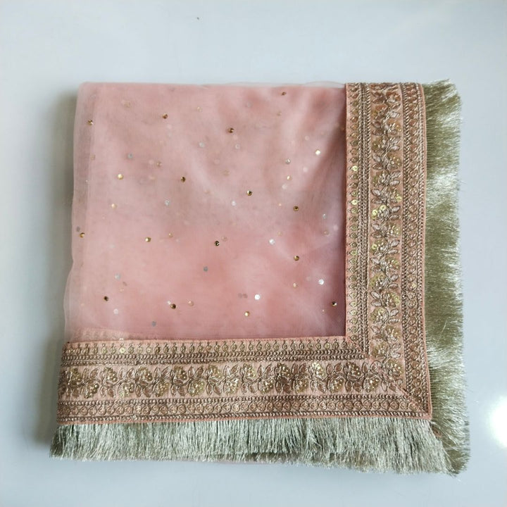 anokherang Dupattas Bridal Peach Gold Zari Embroidered Net Stone Fringe Dupatta