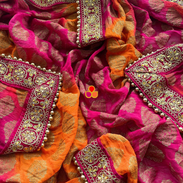 anokherang Dupattas Bridal Pink Orange Kundan Banarasi Georgette Dupatta