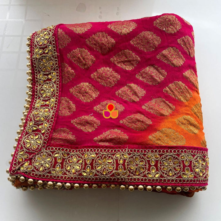 anokherang Dupattas Bridal Pink Orange Kundan Banarasi Georgette Dupatta