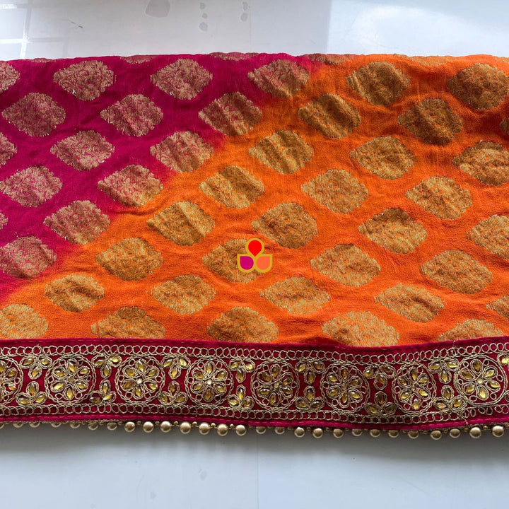 anokherang Dupattas Bridal Pink Orange Kundan Banarasi Georgette Dupatta