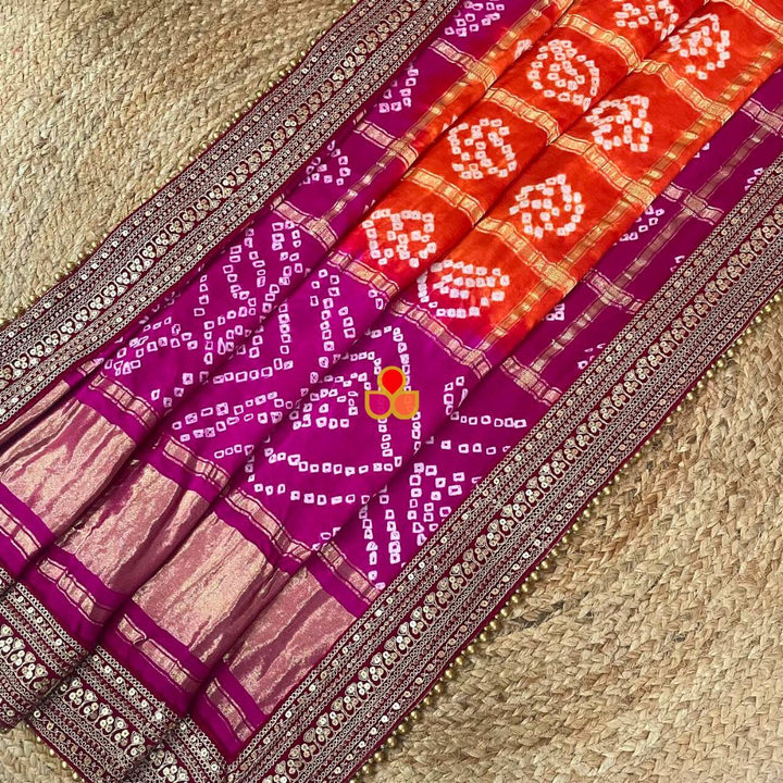 anokherang Dupattas Bridal Pink & Orange Rangrez Royal Bandhani Silk Dupatta