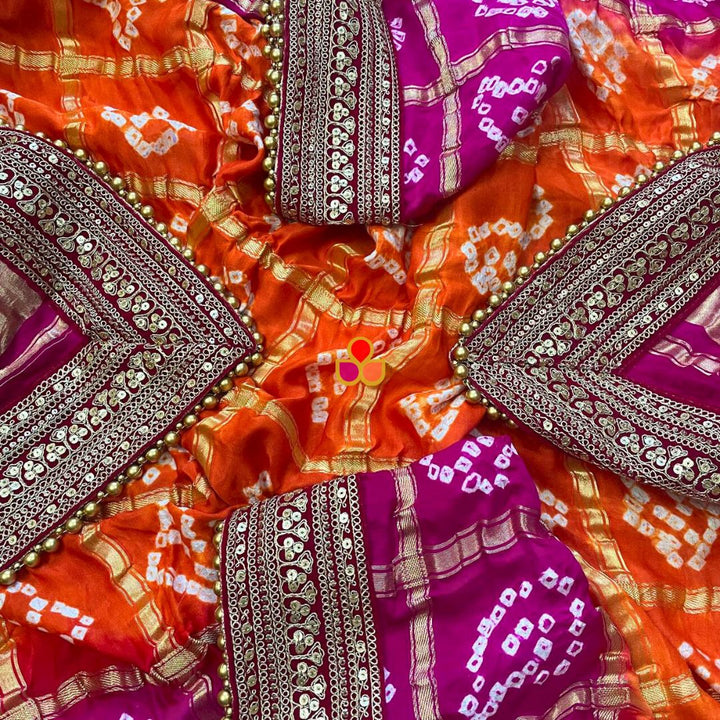 anokherang Dupattas Bridal Pink & Orange Rangrez Royal Bandhani Silk Dupatta