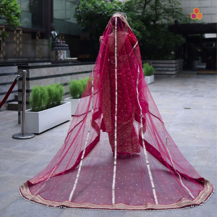 anokherang Dupattas Bridal Queen Pink Pearl Trail Net Stone Dupatta