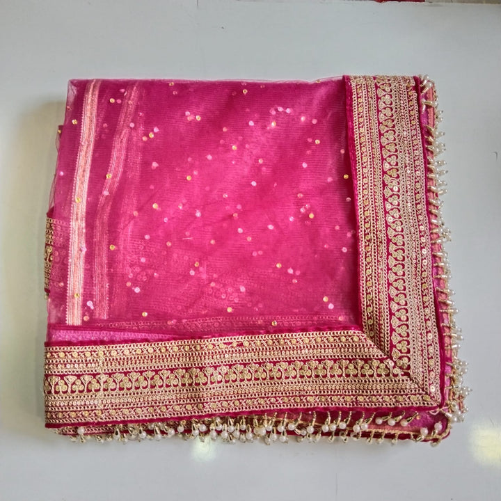 anokherang Dupattas Bridal Queen Pink Pearl Trail Net Stone Dupatta