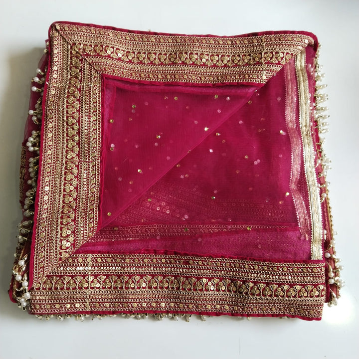 anokherang Dupattas Bridal Queen Pink Pearl Trail Net Stone Dupatta