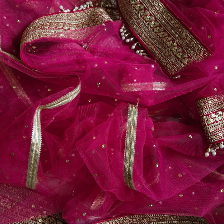 anokherang Dupattas Bridal Queen Pink Pearl Trail Net Stone Dupatta