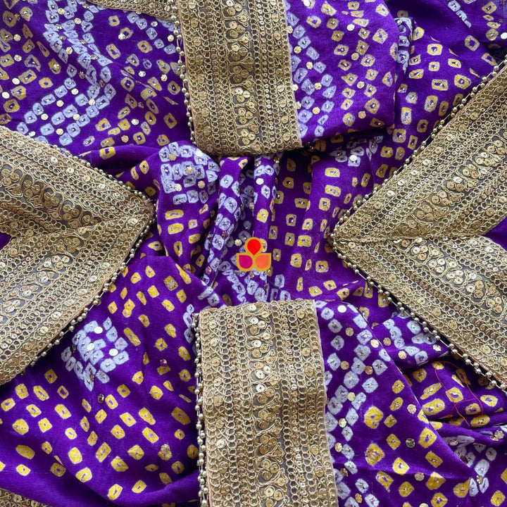 anokherang Dupattas Bridal Rajwada Purple Pure Silk Mukaish Bandhani Dupatta