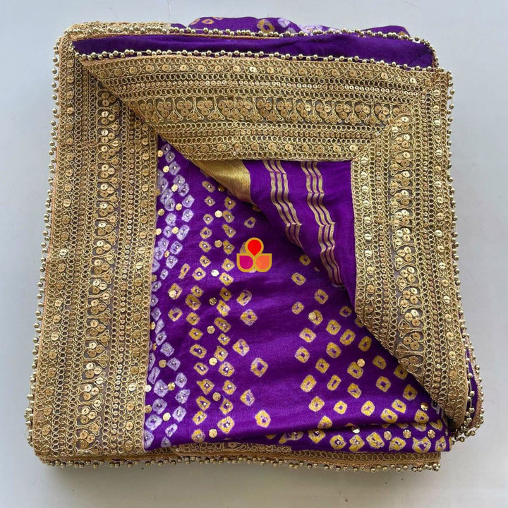 anokherang Dupattas Bridal Rajwada Purple Pure Silk Mukaish Bandhani Dupatta