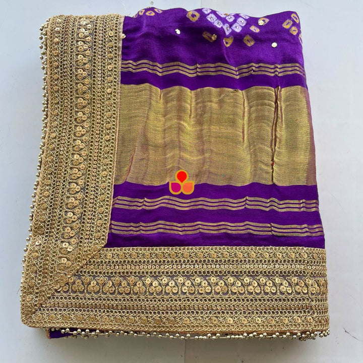 anokherang Dupattas Bridal Rajwada Purple Pure Silk Mukaish Bandhani Dupatta