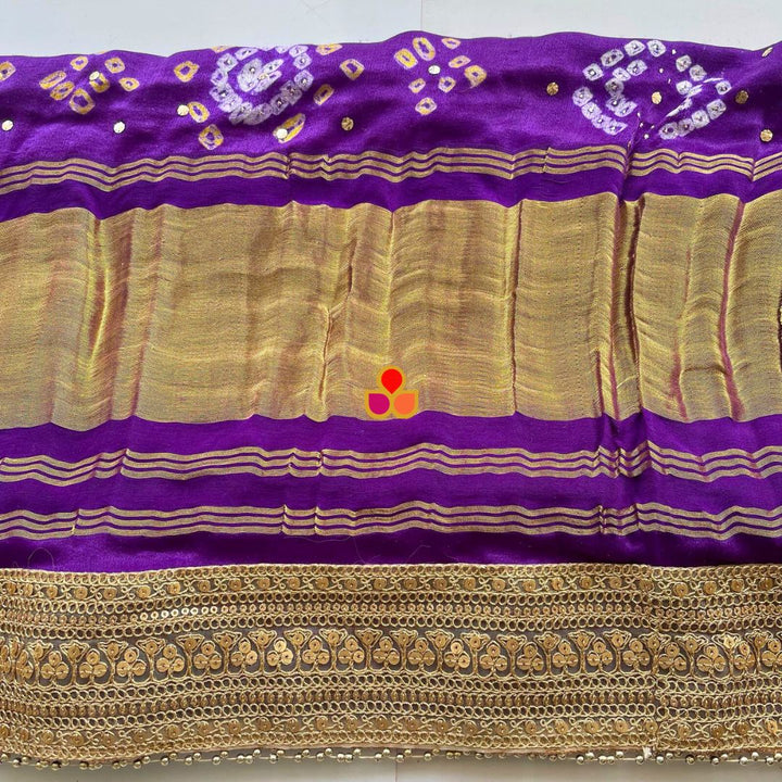 anokherang Dupattas Bridal Rajwada Purple Pure Silk Mukaish Bandhani Dupatta