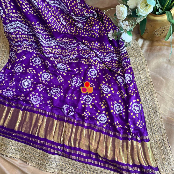 anokherang Dupattas Bridal Rajwada Purple Pure Silk Mukaish Bandhani Dupatta