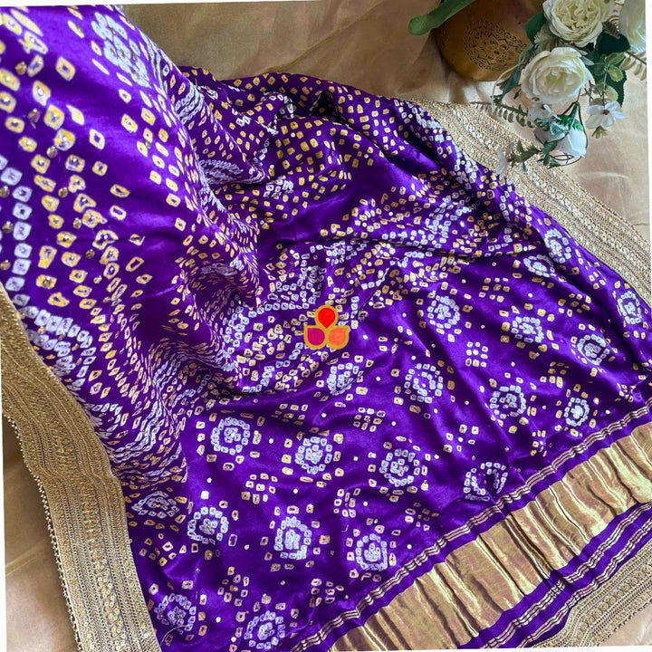 anokherang Dupattas Bridal Rajwada Purple Pure Silk Mukaish Bandhani Dupatta