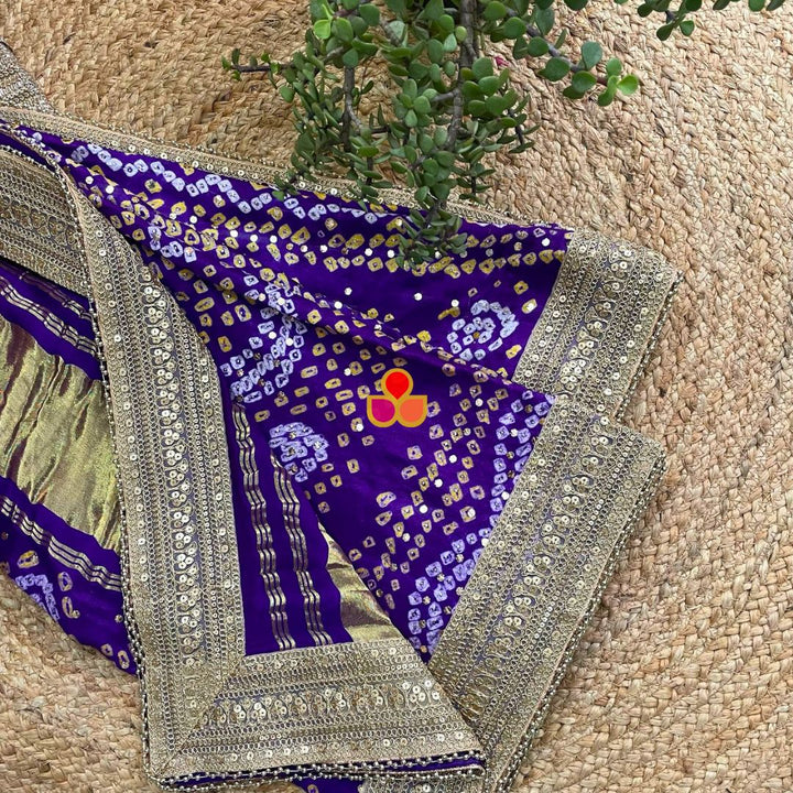 anokherang Dupattas Bridal Rajwada Purple Pure Silk Mukaish Bandhani Dupatta