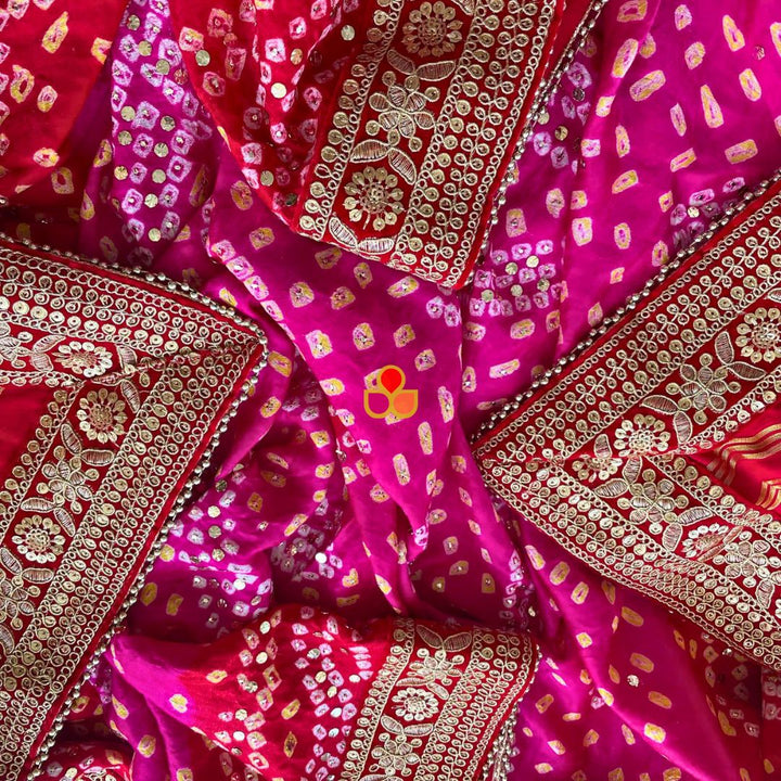 anokherang Dupattas Bridal Rajwada Red Pink Pure Silk Mukaish Bandhani Dupatta