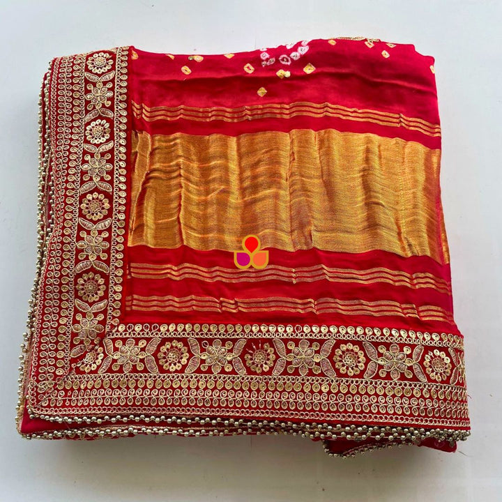 anokherang Dupattas Bridal Rajwada Red Pink Pure Silk Mukaish Bandhani Dupatta