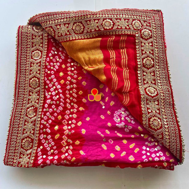 anokherang Dupattas Bridal Rajwada Red Pink Pure Silk Mukaish Bandhani Dupatta