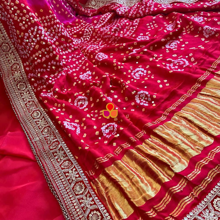 anokherang Dupattas Bridal Rajwada Red Pink Pure Silk Mukaish Bandhani Dupatta