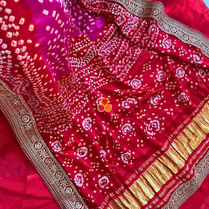 anokherang Dupattas Bridal Rajwada Red Pink Pure Silk Mukaish Bandhani Dupatta