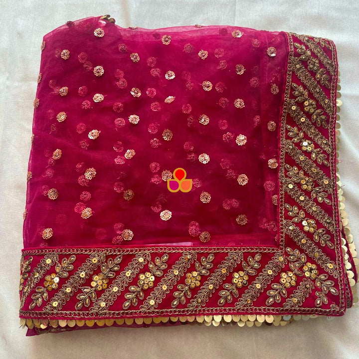 anokherang Dupattas Bridal Ranjha Pink Sequin Embroidered Net Dupatta