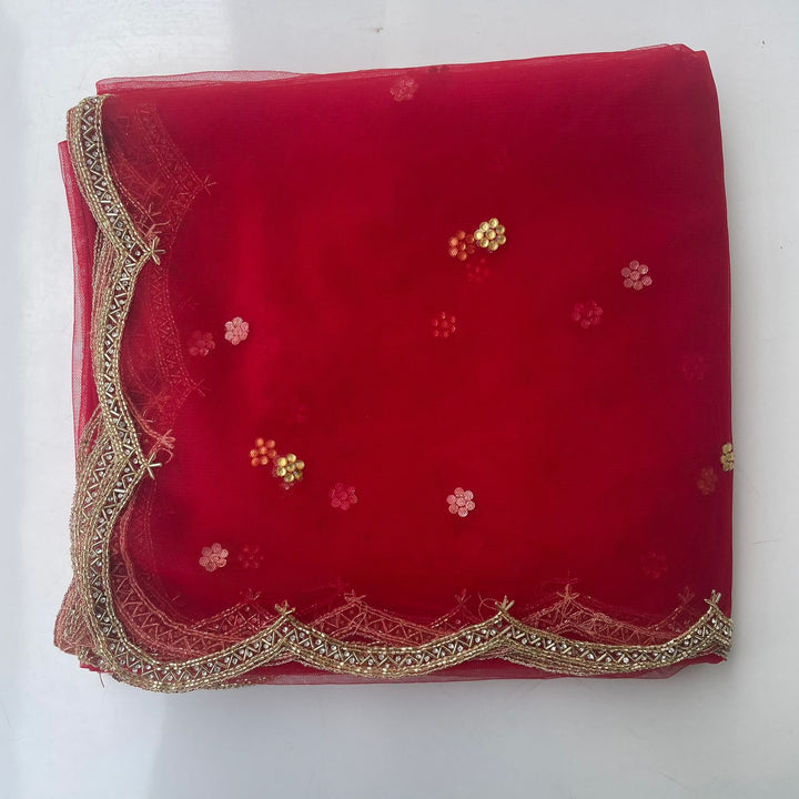 anokherang Dupattas Bridal Red Beauty Hand Embroidered Trail Scalloped Net Dupatta