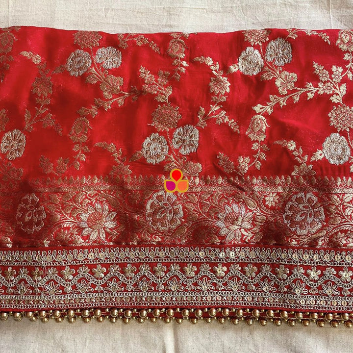 anokherang Dupattas Bridal Red Crimson Saira Floral Zari Embossed Dupatta