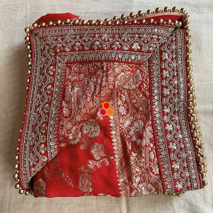 anokherang Dupattas Bridal Red Crimson Saira Floral Zari Embossed Dupatta