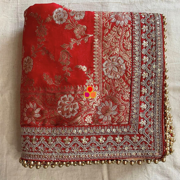 anokherang Dupattas Bridal Red Crimson Saira Floral Zari Embossed Dupatta