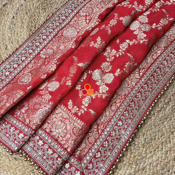 anokherang Dupattas Bridal Red Crimson Saira Floral Zari Embossed Dupatta