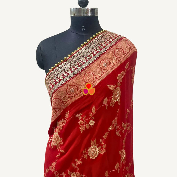 anokherang Dupattas Bridal Red Crimson Saira Floral Zari Embossed Dupatta