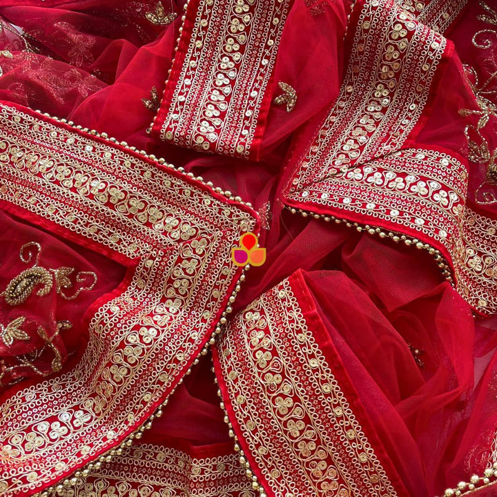 anokherang Dupattas Bridal Red Gulnaz Hand Embroidered Net Dupatta