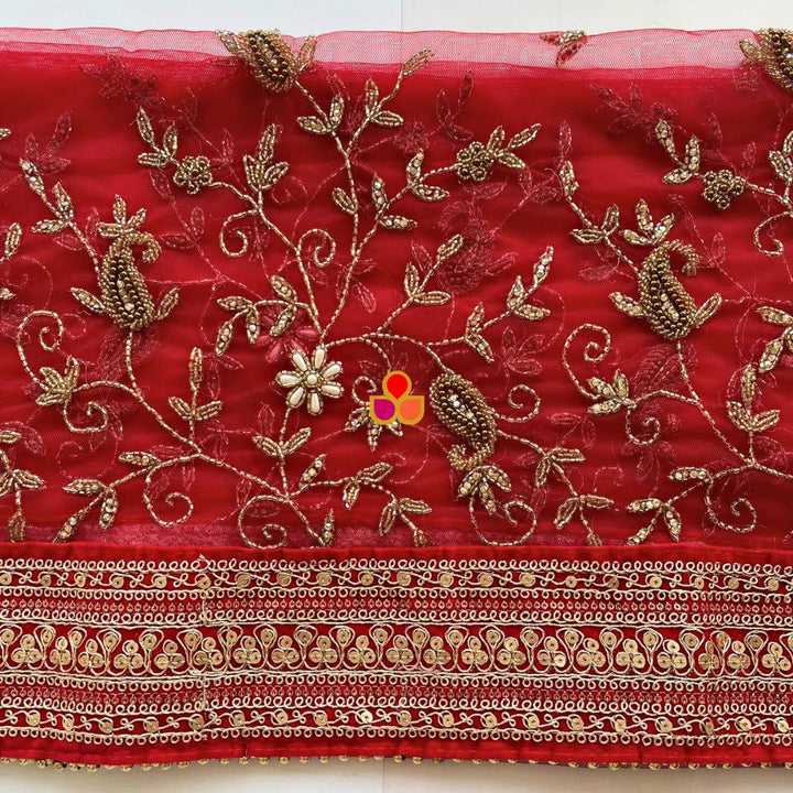 anokherang Dupattas Bridal Red Gulnaz Hand Embroidered Net Dupatta