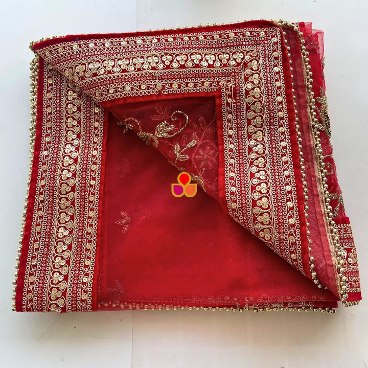 anokherang Dupattas Bridal Red Gulnaz Hand Embroidered Net Dupatta