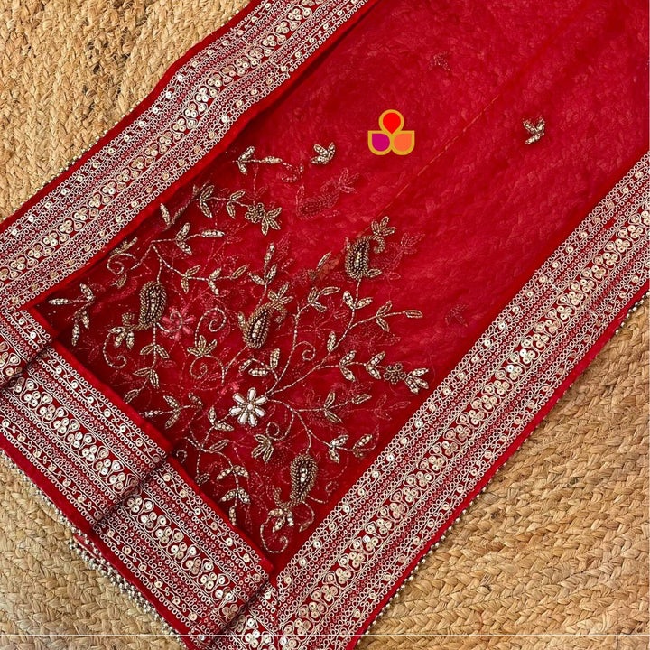 anokherang Dupattas Bridal Red Gulnaz Hand Embroidered Net Dupatta