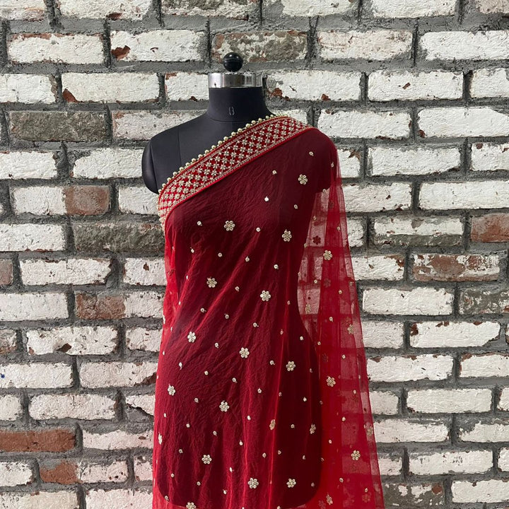 anokherang Dupattas Bridal Red Jewel Embroidered Sequin Net Dupatta