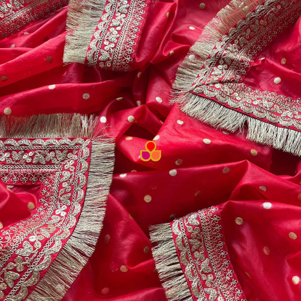 anokherang Dupattas Bridal Red Love Zari Embroidered Fringed Organza Dupatta