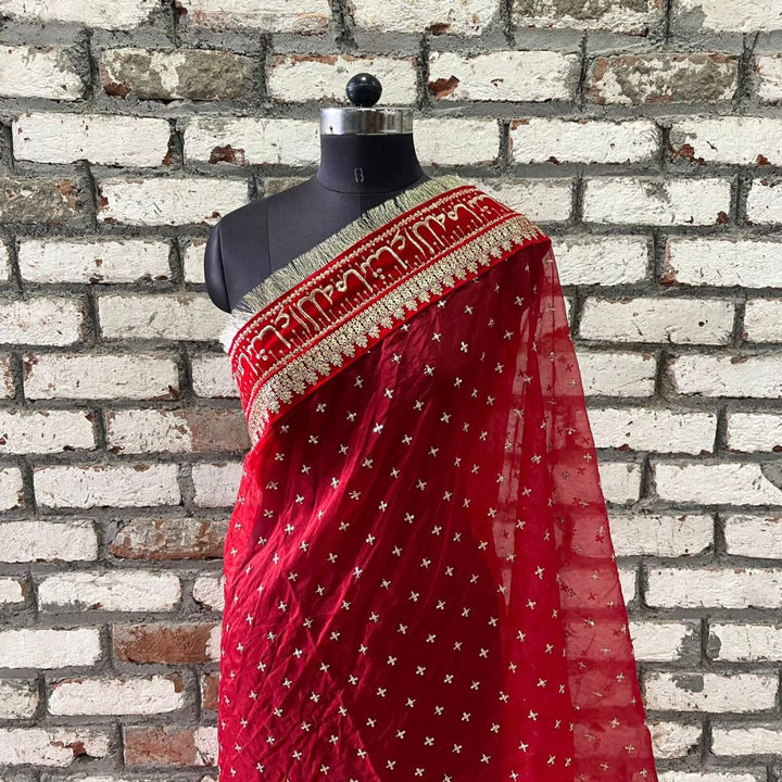 anokherang Dupattas Bridal Red Mashaallah Embroidered Organza Dupatta