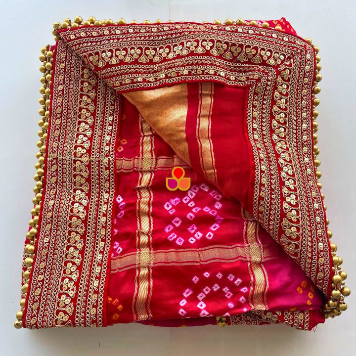 anokherang Dupattas Bridal Red & Pink Rangrez Royal Bandhani Silk Dupatta